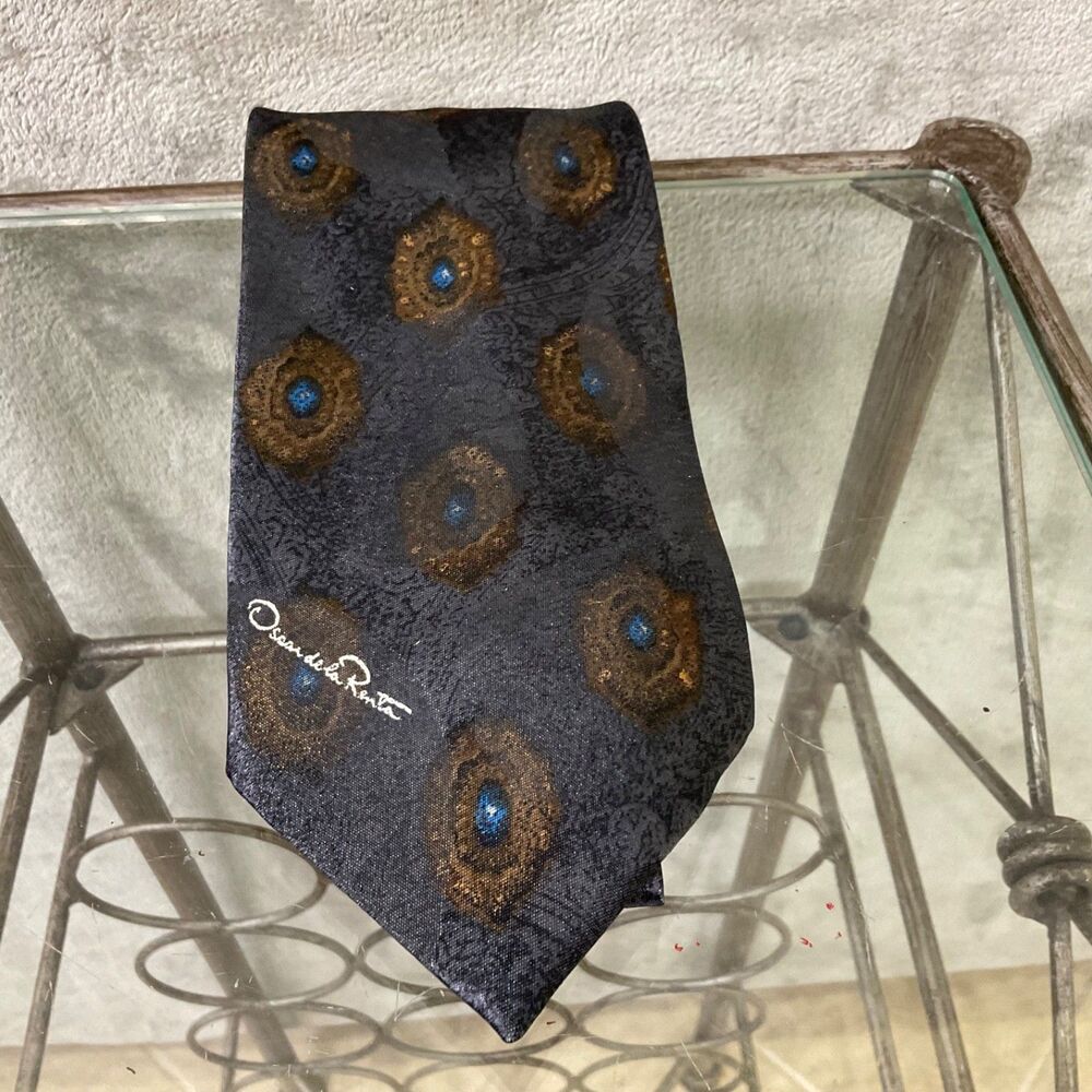 Oscar de la Renta Men's Silk + Poly Tie Necktie gray/brown/blue Foulard 56.5” US